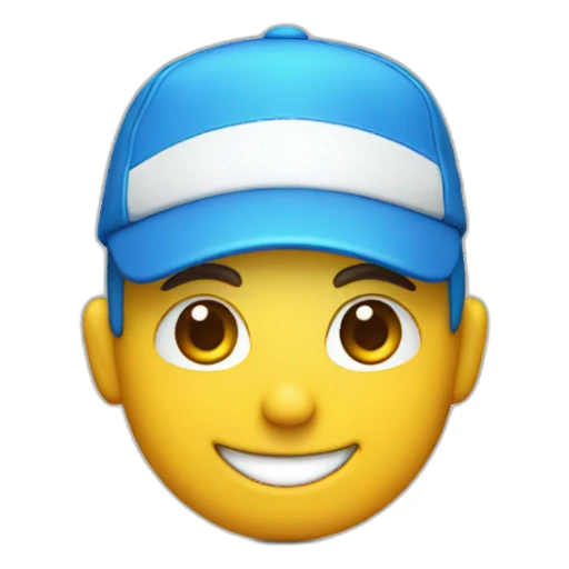face smiling with a white cap and a blue shirt sticker