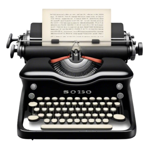 Create an emoji representing screenwriting. The design should feature an open script with visible dialogue and action lines, symbolizing the writing of a screenplay. Include a classic typewriter or a modern writing device, such as a laptop, to signify the process of creating a script. Optionally, add elements like a film reel or director's chair to emphasize the cinematic aspect of screenwriting. Use a professional color palette with black, white, and subtle metallic tones. Do not include any emojis or smiley faces. Make the background transparent. sticker