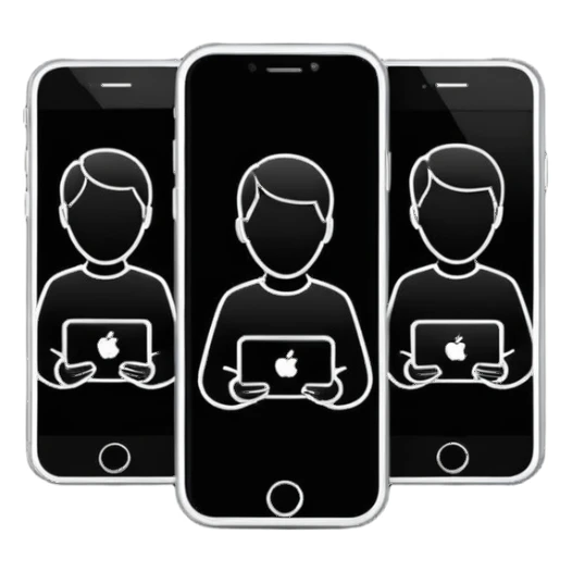 Minimalistic flat vector icon, iOS style, thin black contour on white background. Three small developer silhouettes around a smartphone with code brackets <>. Clean, no text, no shadows. sticker