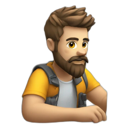 3d artist with beard sit on the PC with graphic tablet sticker
