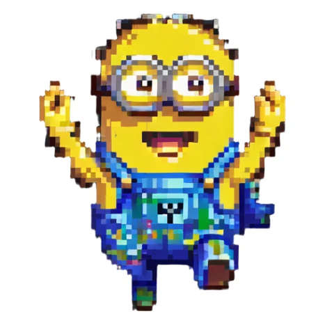 happy Minion pixel art character, jumping with joy, both arms up sticker
