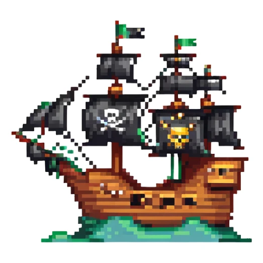 A pirate ship with black sails and flag sticker