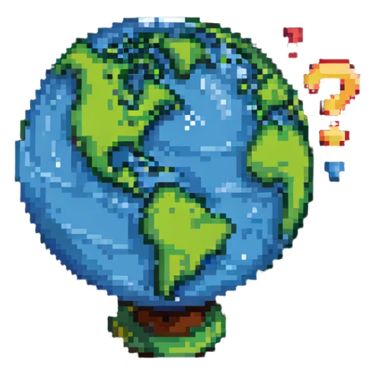 pixel art globe with a quiz question mark overlay sticker