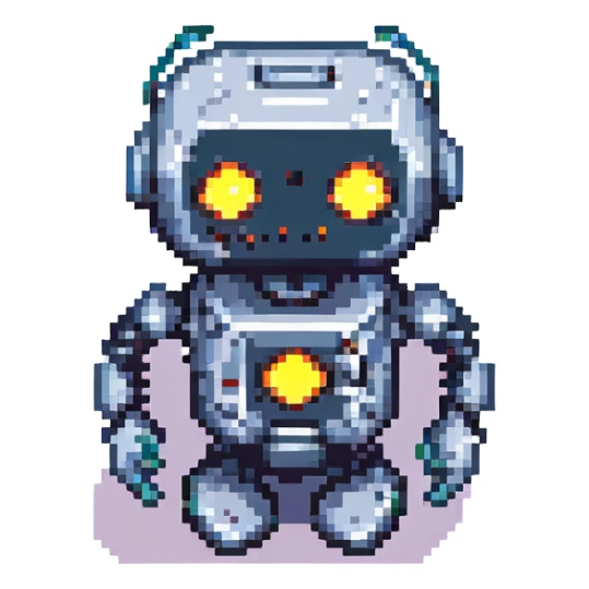 AI agent, simple robot with glowing eyes, pixel art style sticker