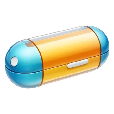 A single 3D cartoon capsule lying on a reflective surface, split color design, detailed shine, simple lighting, realistic Memoji-style. sticker
