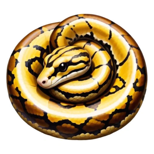 A photo-realistic top-down view of a Ball Python gently coiled into a tight spiral, with its head resting peacefully at the center. Its scales are warm brown with bold, irregular black markings, including the distinctive “alien-head” pattern, flowing smoothly along its body.  sticker