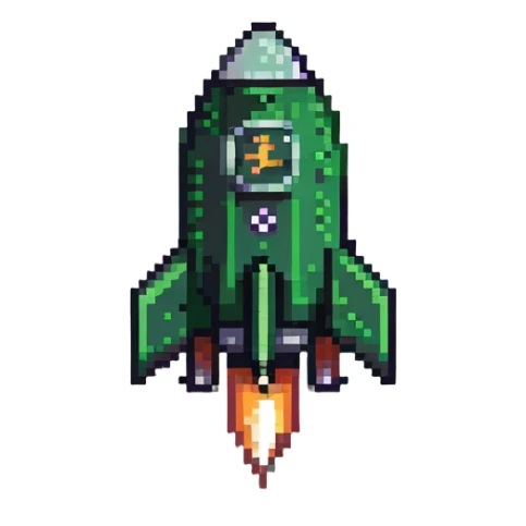 Green check mark with a small rocket ship, deployment success symbol sticker