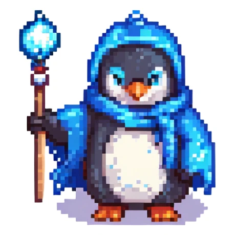 pixel art penguin wizard with a blue robe and sparkling wand sticker