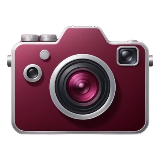 Simple camera icon silhouette, dark wine red, minimalist flat vector, clean lines, transparent background, centered composition sticker