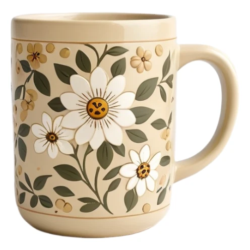 Cinematic Realistic Khaki Coffee Mug with Flower Pattern sticker