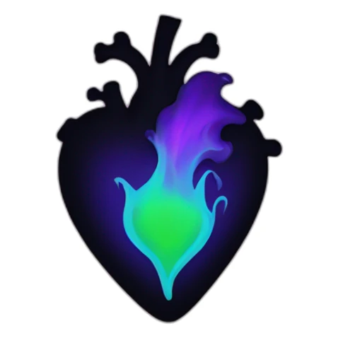 Black heart with purple and green flame inside sticker