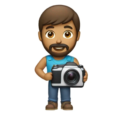 brown guy with mullet and beard holding a photo camera sticker