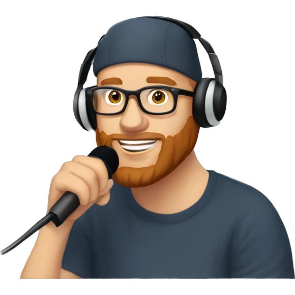 37 year old male, balding, with a snap back cap, red beard, headphones on, clear glasses, speaking into podcast microphone emoji