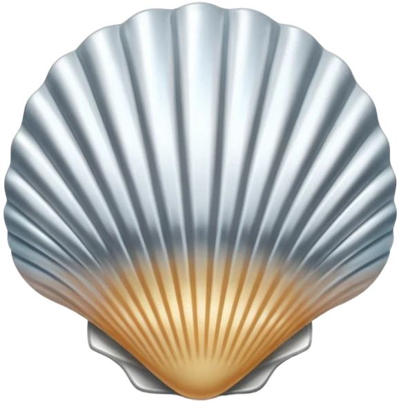 A seashell emoji made of polished silver chrome, smooth curved surface, reflective metallic highlights, elegant minimal design, iOS emoji style, centered, clean white background, soft lighting emoji