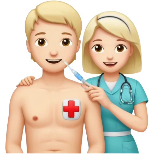 Create a cute, funny sticker-style story in a cartoon illustration.
Scene sequence shows a nervous patient getting an injection from a kind nurse.
 emoji