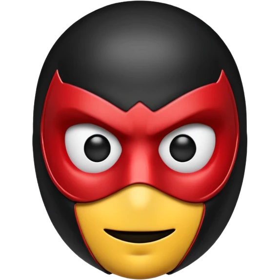 A high-gloss 3D emoji-style mask inspired by a superhero design. Smooth rounded head shape with expressive large eyes. Primary color: matte black. Secondary color: bright red web-pattern lines across the mask. Clean, shiny, cartoony finish, symmetrical design, crisp outlines emoji