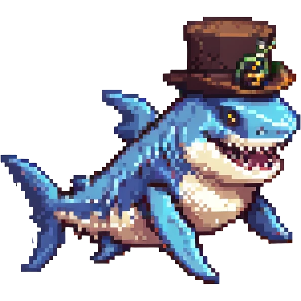 pixel art shark wearing a tophat emoji