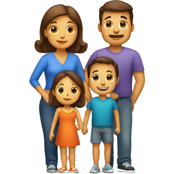 familia de papa, mama, dos niños y 2 mascotas emoji