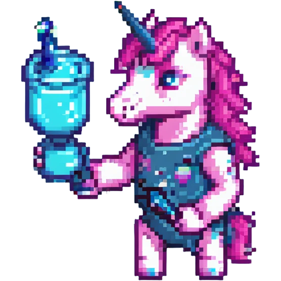 neon pink unicorn with a glass cannon, pixel art, retro game style emoji