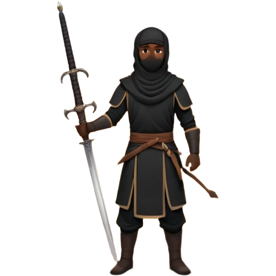 Emoji of a Muslim warrior silhouette standing on a hill at sunrise holding a lowered sword in calm control, crescent moon in the sky, symbolising locking in, discipline, and a new beginning through faith. Bold minimalist vector, transparent background. emoji