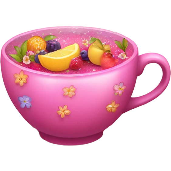 Pink cup of tea with fruit inside it and glitter and flowers emoji