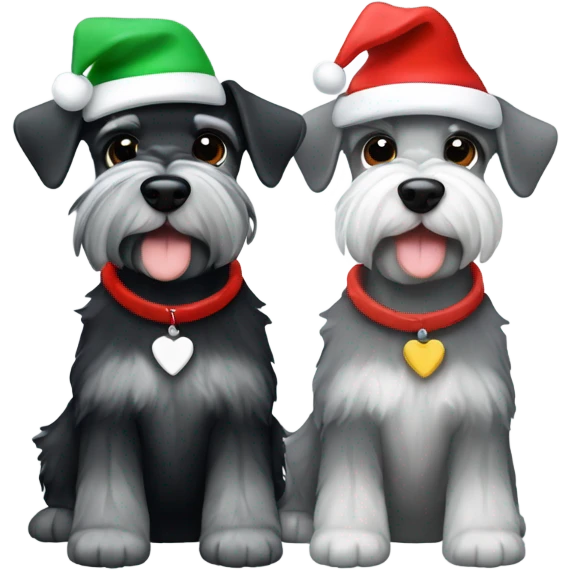 2 miniature schnauzers, 1 grey and 1 black, wearing Christmas hats with a heart emoji