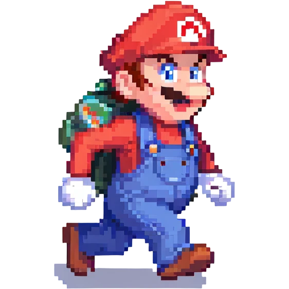Mario running, pixel art style, red hat, blue overalls, dynamic movement emoji