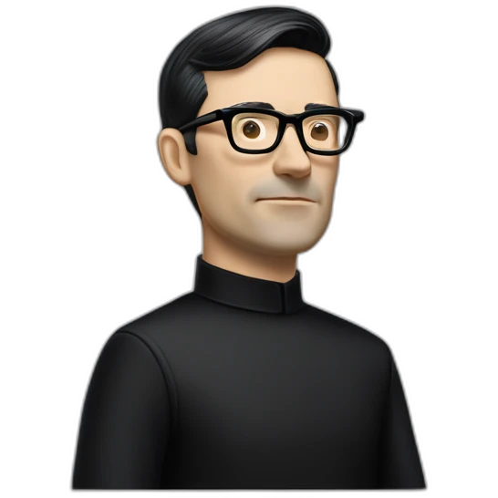small photo realistic Ralf Hutter from Kraftwerk, short straight black hair, black glasses, thin, black shirt, side view, riding open top black tesla model 3 emoji