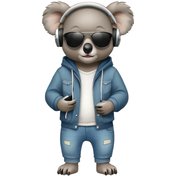anthropomorphised koala full body wearing a hoodie and jeans dark sunglasses headphones emoji