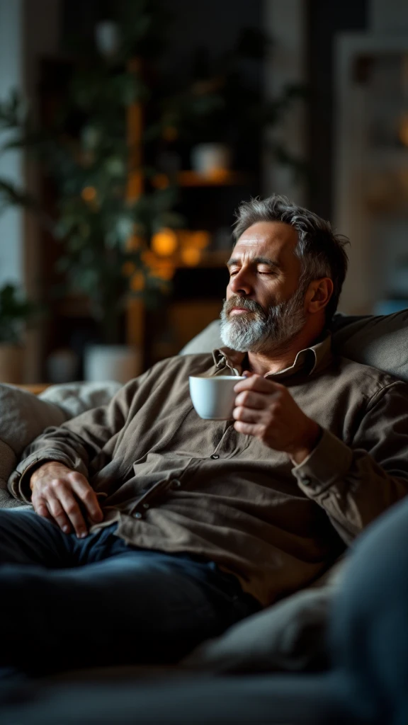 Uomo adulto in abiti casual in un ambiente domestico o ufficio tranquillo, mentre beve un caffè espresso con espressione consapevole. Subito dopo, si sdraia su un divano per un breve riposo di 20 minuti, occhi chiusi, posizione rilassata.  emoji