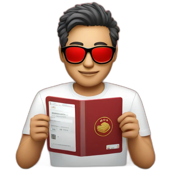 cool tech CEO holding red Singapore passport wearing glasses. Shirt says ONLOOP emoji