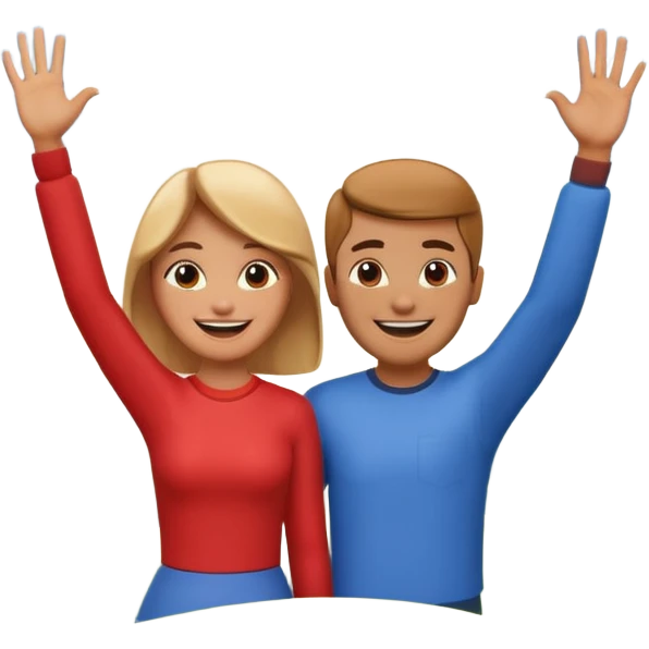 A 3D cartoon couple on top of a hill raising hands in victory, sunny sky and nature background, Memoji-style. inside photo frame. emoji