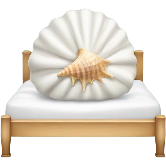 Bed with light wood frame and white blankets and a sea shell pillow  emoji