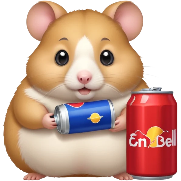 Funny cartoon-style fat hamster wide eyed with a can of redbull emoji