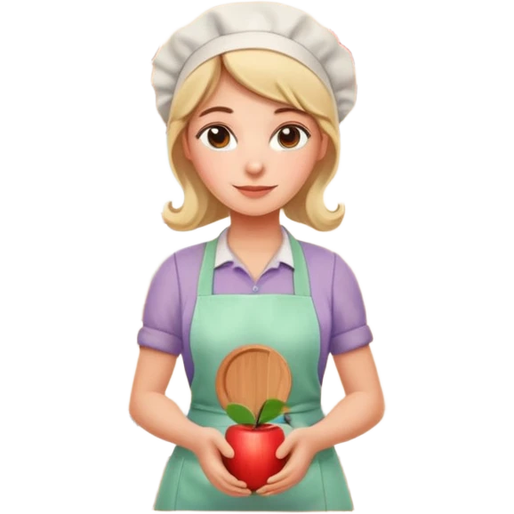 cartoon Apple iOS emoji style woman, pastel colors, Chilean wooden kitchen background, clay pots, warm light, detailed and clean vector art emoji
