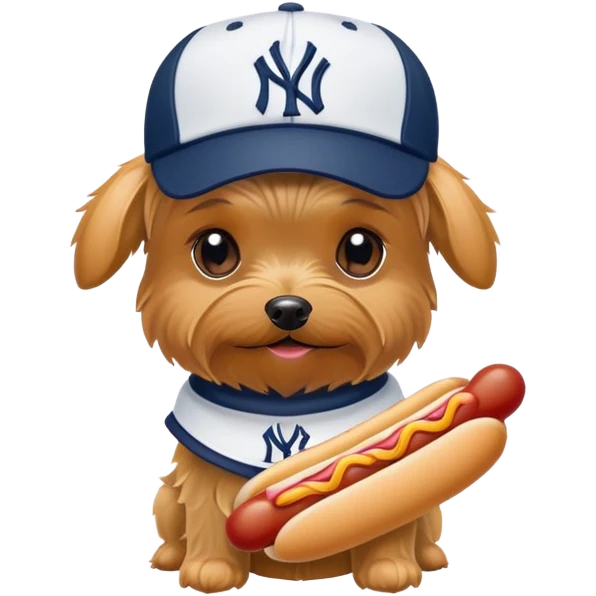 Yorkie with a NYY hat and a hotdog emoji