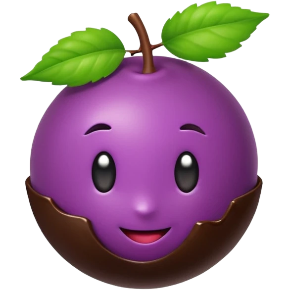 glossy playful emoji-style açaí berry bonbon, shiny deep purple berry, bottom half dipped in dark chocolate, small green leaf on top, clean modern emoji icon aesthetic emoji