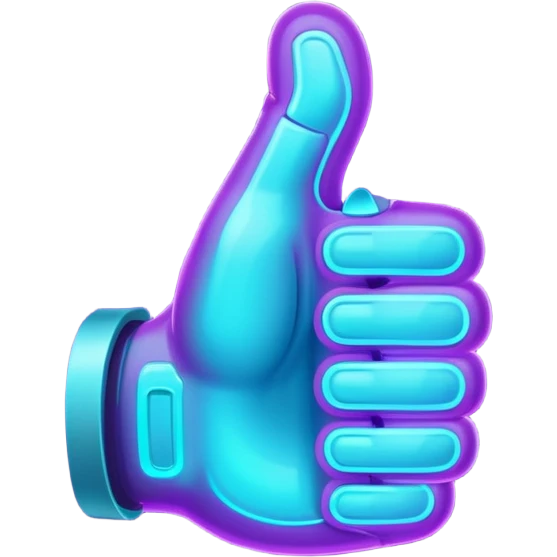 futuristic glowing thumbs up, neon purple and cyan light, dark background, digital tech style emoji