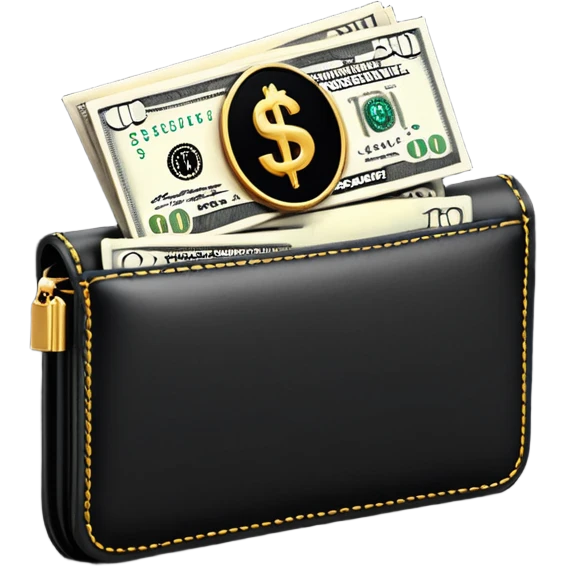 Rich emoji style black leather wallet with dollar bills, luxury money vibe, premium 3D emoji, ultra clean, high detail, no background
 emoji