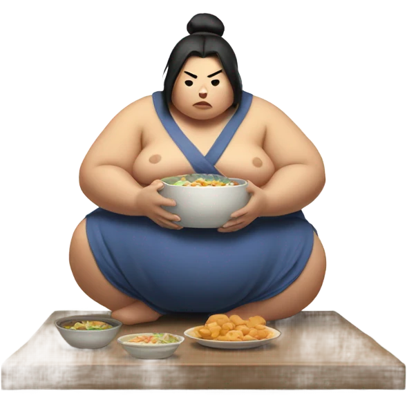 Female sumo wrestler eating while sad emoji