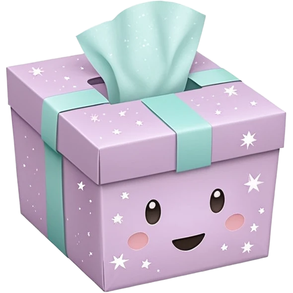 Cute emoji-style illustration of a small aesthetic packaging box with tissue paper and sparkles, pastel neutral tones, minimal design, clean background. emoji