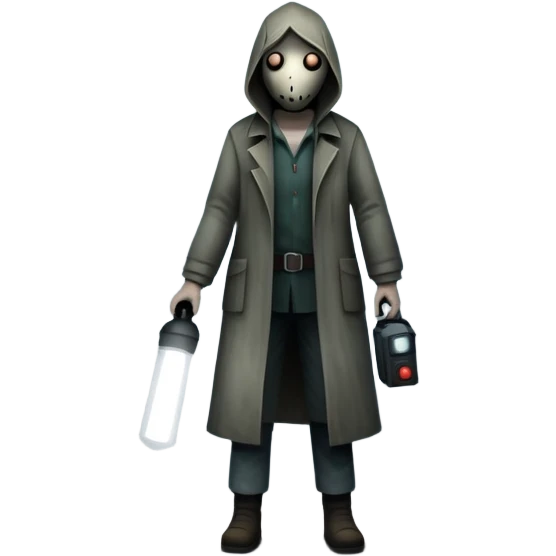 An icon depicting a dark, foggy street with eerie, abandoned buildings, inspired by Silent Hill 2. The design features a mysterious figure holding a flashlight, casting long shadows. A chilling atmosphere is created by dim lighting and unsettling details. Transparent background. emoji