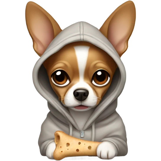 Brown chihuahua wearing a hoodie holding a dog bone emoji