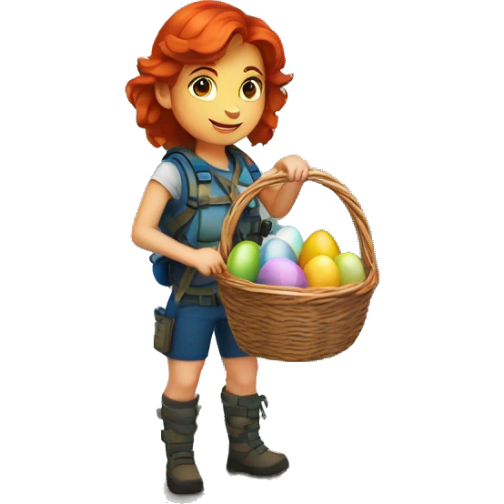 Female mountain climber red hair with Greek flag and holding Easter eggs basket emoji