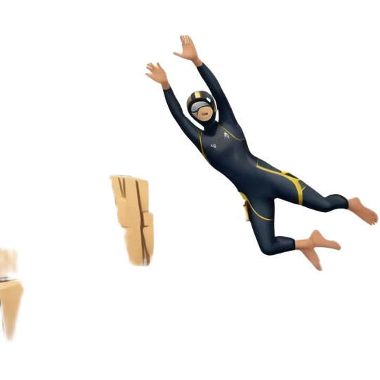 A diver mid-air, plunging from a high cliff into the sparkling ocean below. The background features rugged cliffs, clear blue water, and a bright sky, emphasizing the excitement and danger of the sport with a sense of freedom and adventure. emoji