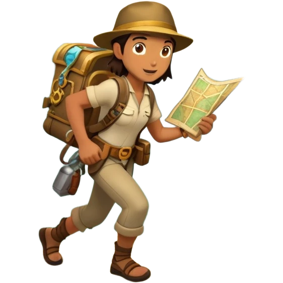An icon featuring an adventurer in a dynamic action pose with treasure map, ancient ruins and jungle landscapes in the background. The design includes clues, hidden passages and climbing gear, symbolizing the thrill of exploration and discovery. Transparent background. emoji