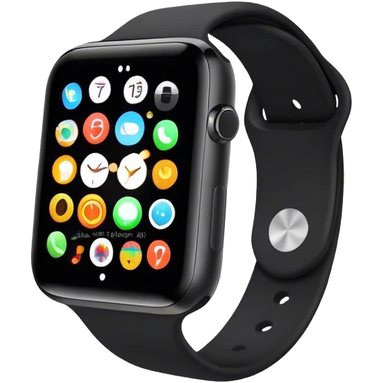 A modern smartwatch, black with a vibrant screen display  emoji