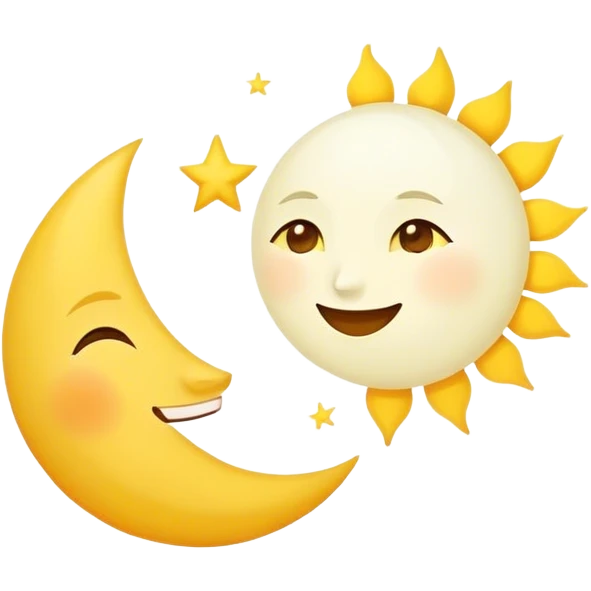 a really bright  big sun and a small moon who shines because of it. the sun is bigger and the tiny \moon bright too beside it smiling looking at each other emoji