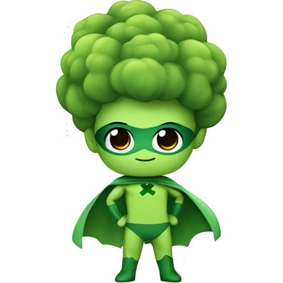 kawaii cute mini superhero with green clothes and a broccolis as hair,  full body saying hello emoji