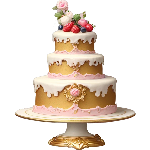 aesthetic vintage rococo cake with white icing, berries on a gold, pale pink, and white ceramic plate stand  emoji
